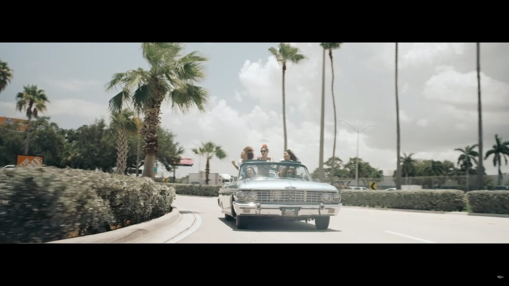 Vintage convertible carrying passengers along a palm-lined road under a cloudy sky